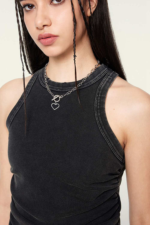 Cotton-Stretch Ruched High-Neck Cropped Tank in Fried Snowflakes - front modeled view