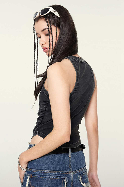 Cotton-Stretch Ruched High-Neck Cropped Tank in Fried Snowflakes - front modeled view