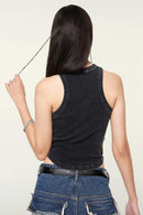 Cotton-Stretch Ruched High-Neck Cropped Tank in Fried Snowflakes - front modeled view