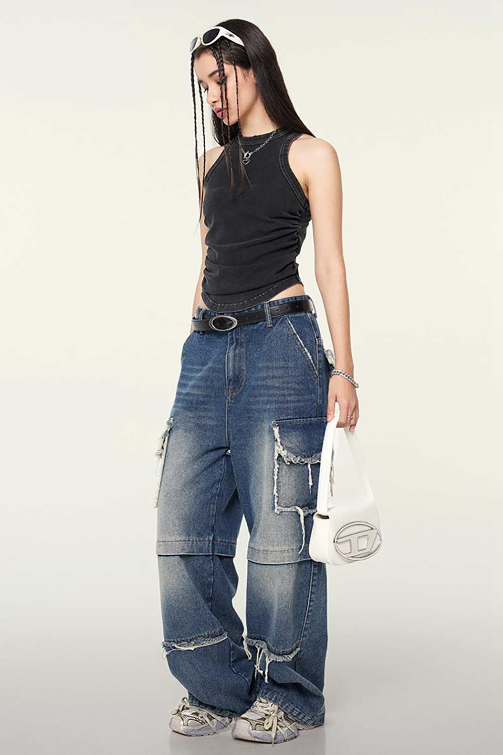 Cotton-Stretch Ruched High-Neck Cropped Tank in Fried Snowflakes - front modeled view