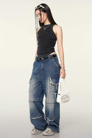 Cotton-Stretch Ruched High-Neck Cropped Tank in Fried Snowflakes - front modeled view