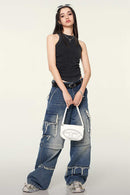 Cotton-Stretch Ruched High-Neck Cropped Tank in Fried Snowflakes - front modeled view