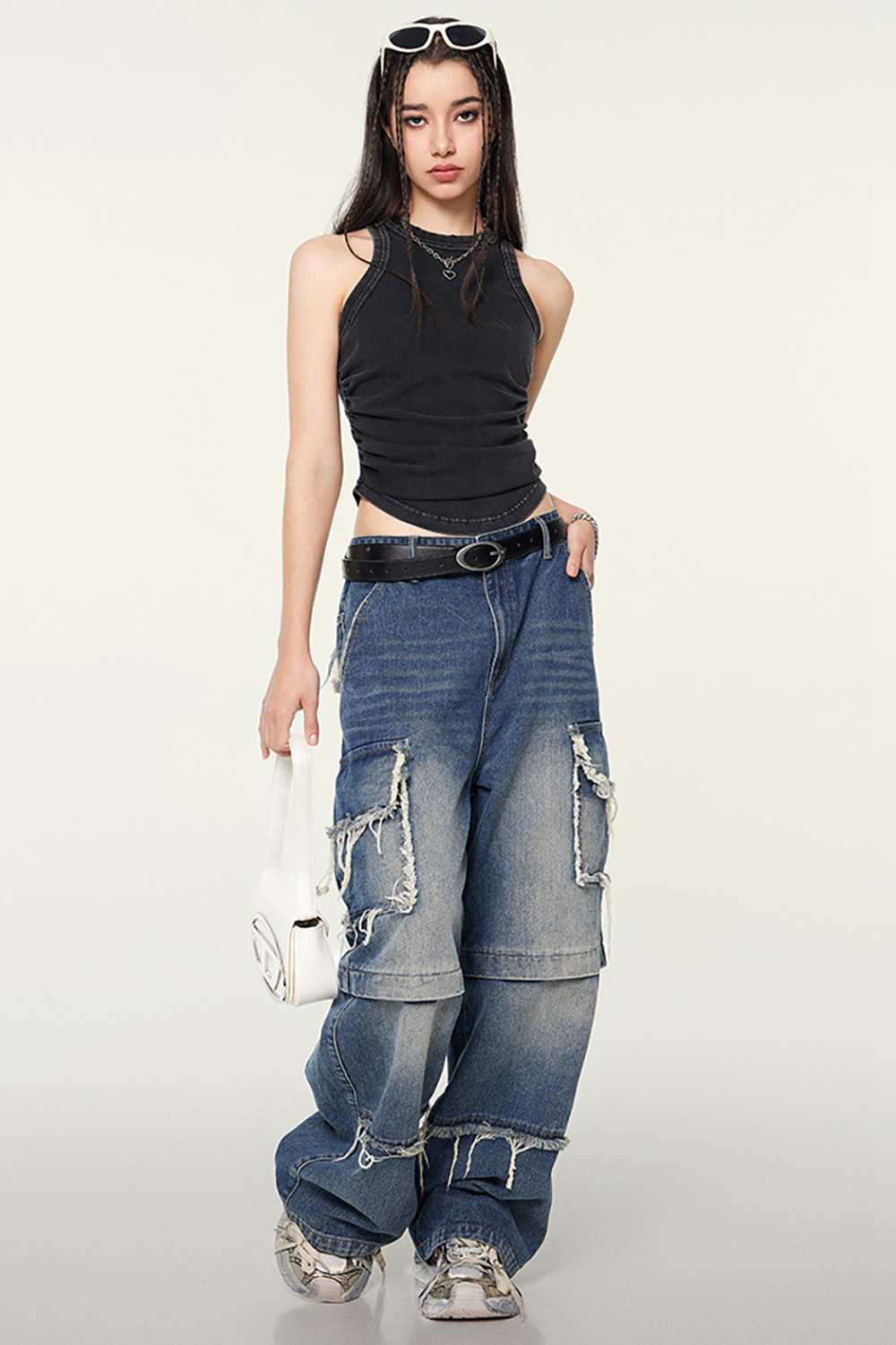 Cotton-Stretch Ruched High-Neck Cropped Tank in Fried Snowflakes - front modeled view