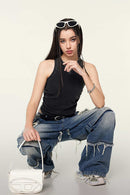 Cotton-Stretch Ruched High-Neck Cropped Tank in Fried Snowflakes - front modeled view