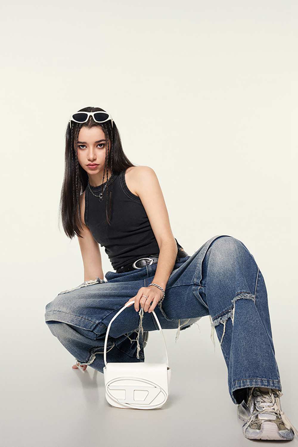 Cotton-Stretch Ruched High-Neck Cropped Tank in Fried Snowflakes - front modeled view