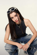 Cotton-Stretch Ruched High-Neck Cropped Tank in Fried Snowflakes - front modeled view