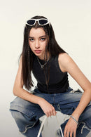 Cotton-Stretch Ruched High-Neck Cropped Tank in Fried Snowflakes - front modeled view