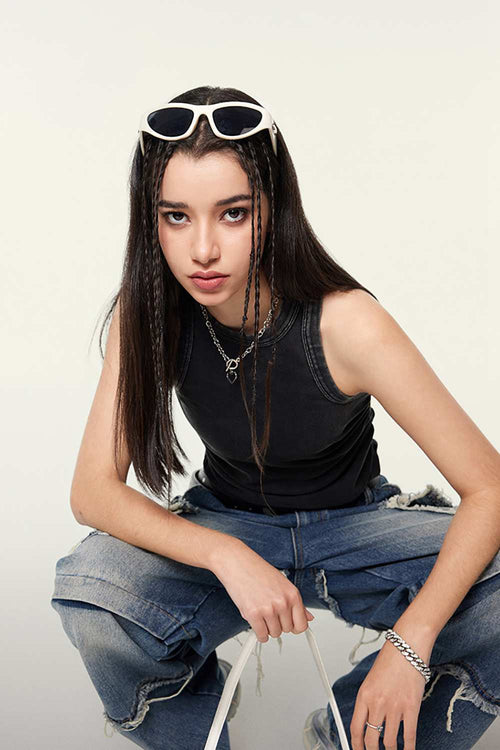 Cotton-Stretch Ruched High-Neck Cropped Tank in Fried Snowflakes - front modeled view
