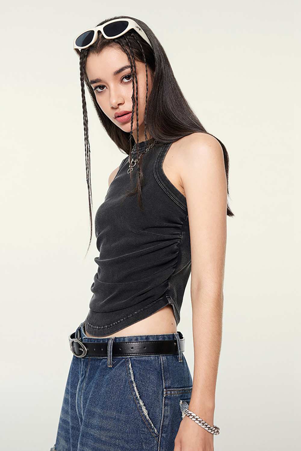 Cotton-Stretch Ruched High-Neck Cropped Tank in Fried Snowflakes - front modeled view