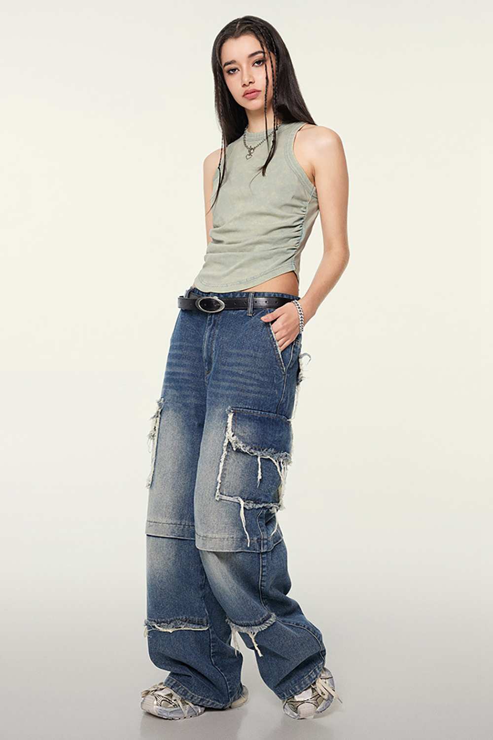 Cotton-Stretch Ruched High-Neck Cropped Tank in Haze Blue - front modeled view