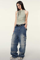 Cotton-Stretch Ruched High-Neck Cropped Tank in Haze Blue - front modeled view