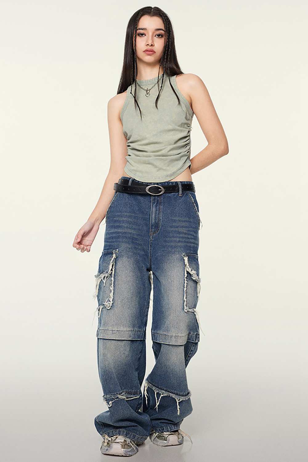 Cotton-Stretch Ruched High-Neck Cropped Tank in Haze Blue - front modeled view