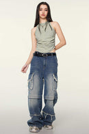 Cotton-Stretch Ruched High-Neck Cropped Tank in Haze Blue - front modeled view