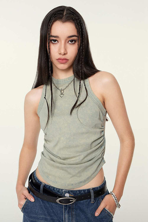 Cotton-Stretch Ruched High-Neck Cropped Tank in Haze Blue - front modeled view
