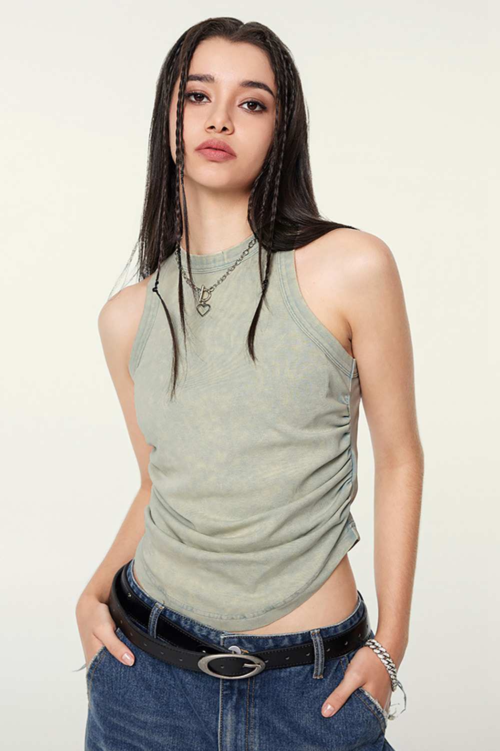 Cotton-Stretch Ruched High-Neck Cropped Tank in Haze Blue - front modeled view