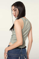 Cotton-Stretch Ruched High-Neck Cropped Tank in Haze Blue - front modeled view