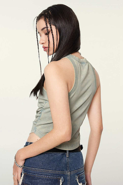 Cotton-Stretch Ruched High-Neck Cropped Tank in Haze Blue - front modeled view