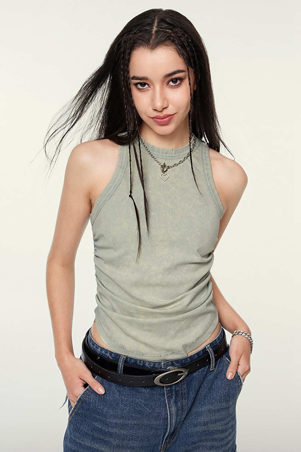 Cotton-Stretch Ruched High-Neck Cropped Tank in Haze Blue - front modeled view