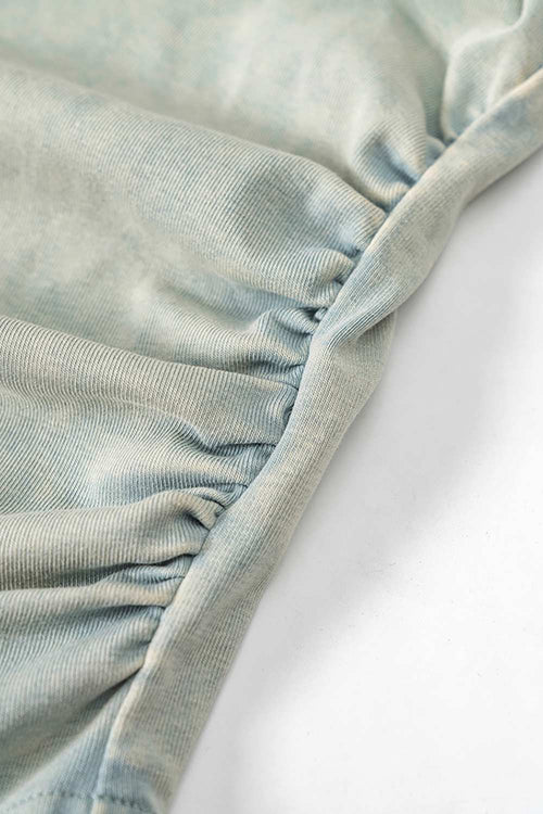 Cotton-Stretch Ruched High-Neck Cropped Tank in Haze Blue - front modeled view