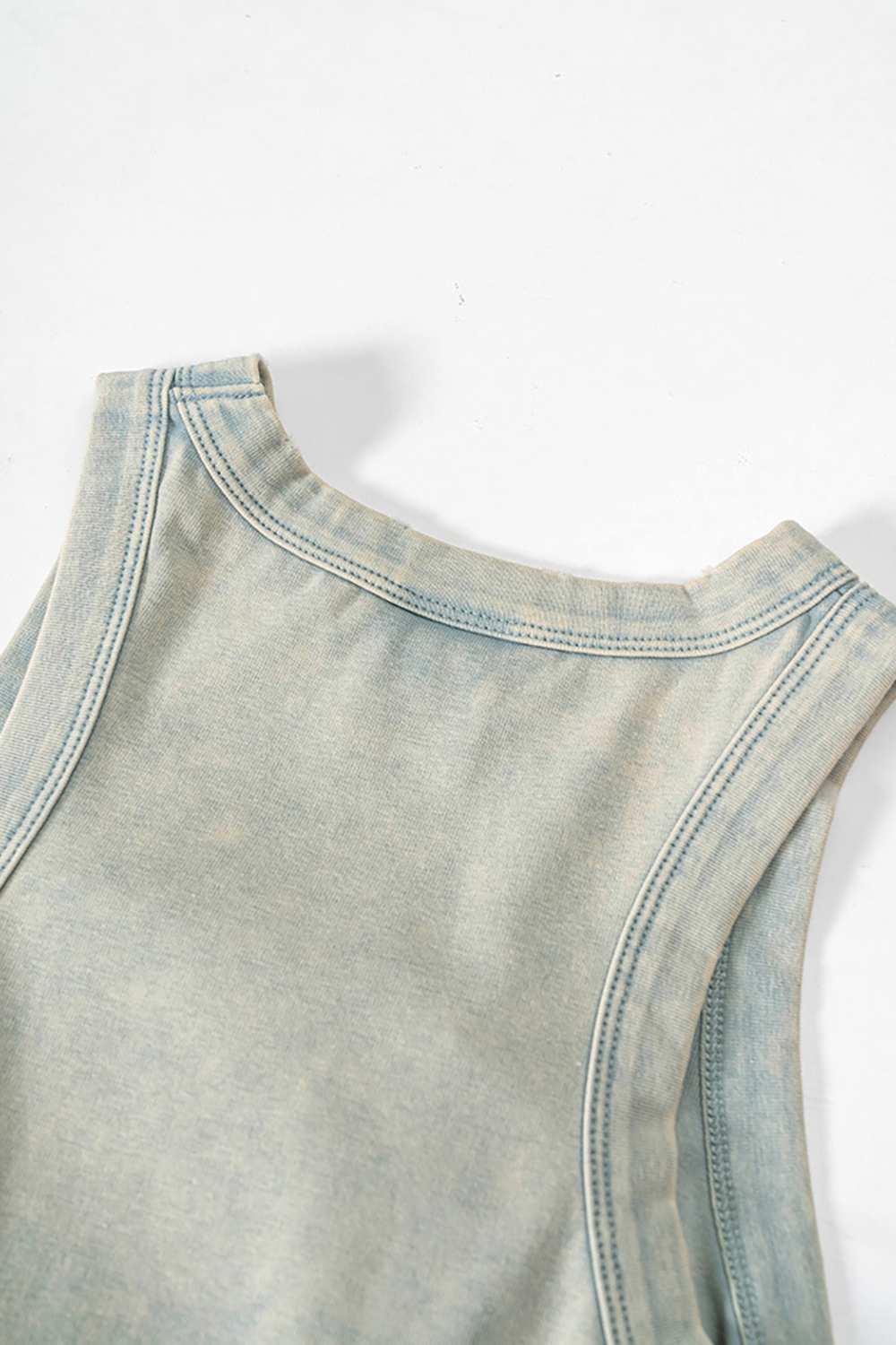 Cotton-Stretch Ruched High-Neck Cropped Tank in Haze Blue - front modeled view