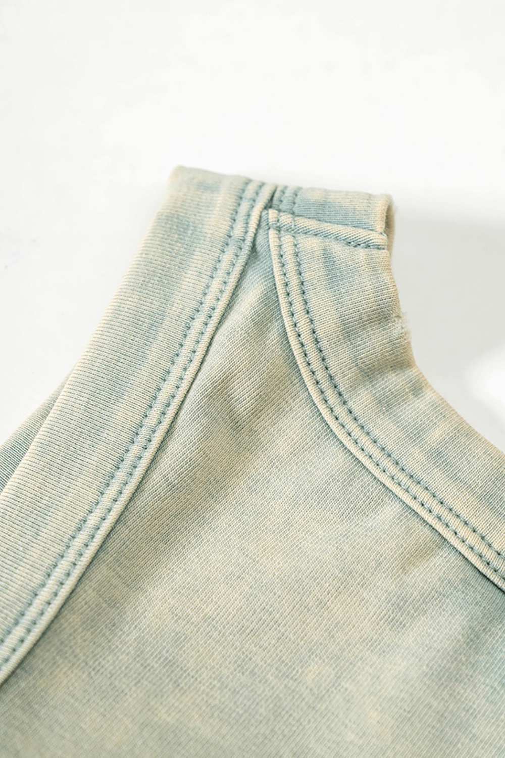 Cotton-Stretch Ruched High-Neck Cropped Tank in Haze Blue - front modeled view