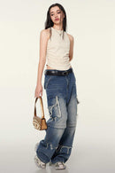 Cotton-Stretch Ruched High-Neck Cropped Tank in Slate Rice - front modeled view