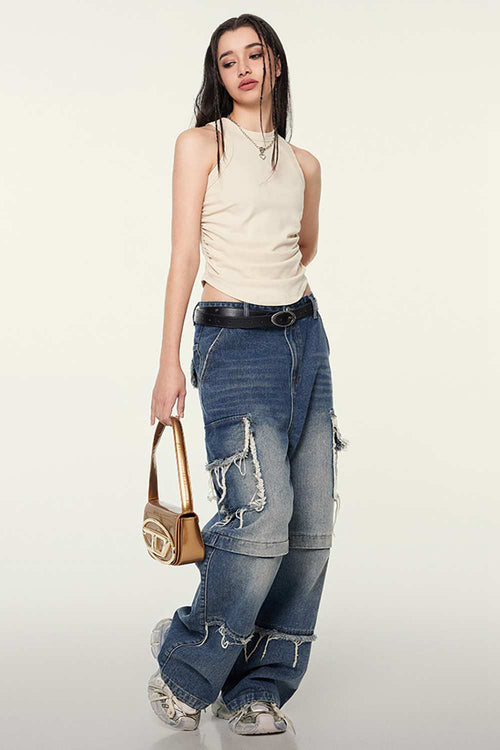 Cotton-Stretch Ruched High-Neck Cropped Tank in Slate Rice - front modeled view