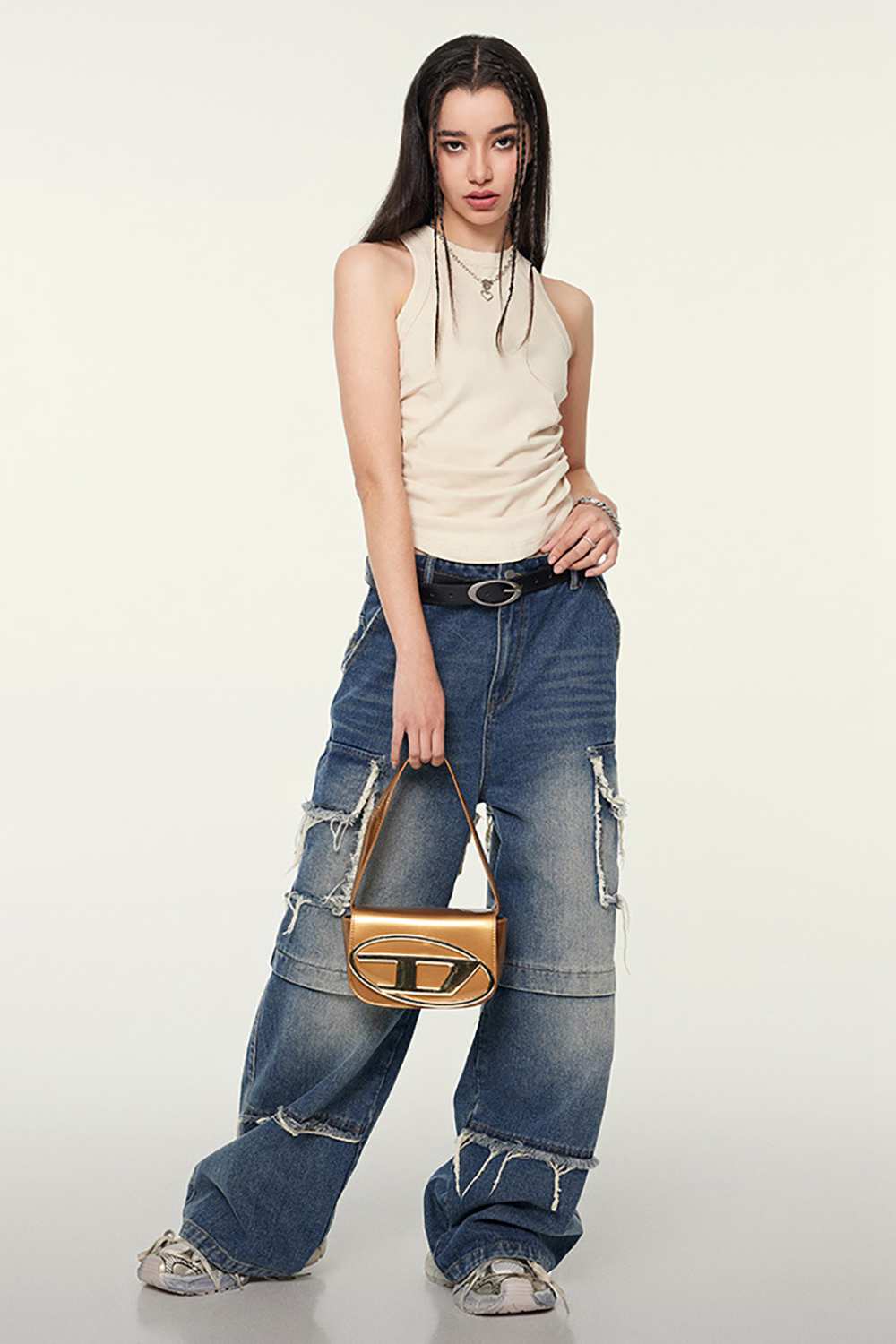 Cotton-Stretch Ruched High-Neck Cropped Tank in Slate Rice - front modeled view