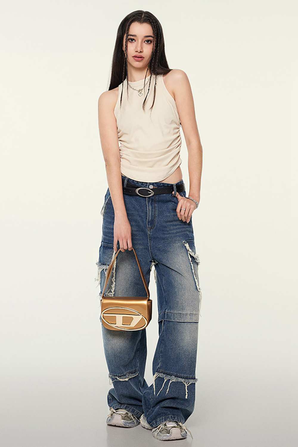 Cotton-Stretch Ruched High-Neck Cropped Tank in Slate Rice - front modeled view