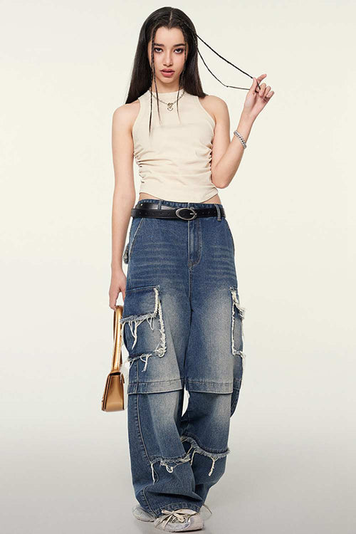 Cotton-Stretch Ruched High-Neck Cropped Tank in Slate Rice - front modeled view