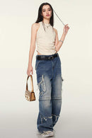 Cotton-Stretch Ruched High-Neck Cropped Tank in Slate Rice - front modeled view