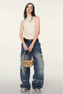 Cotton-Stretch Ruched High-Neck Cropped Tank in Slate Rice - front modeled view