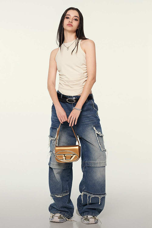 Cotton-Stretch Ruched High-Neck Cropped Tank in Slate Rice - front modeled view