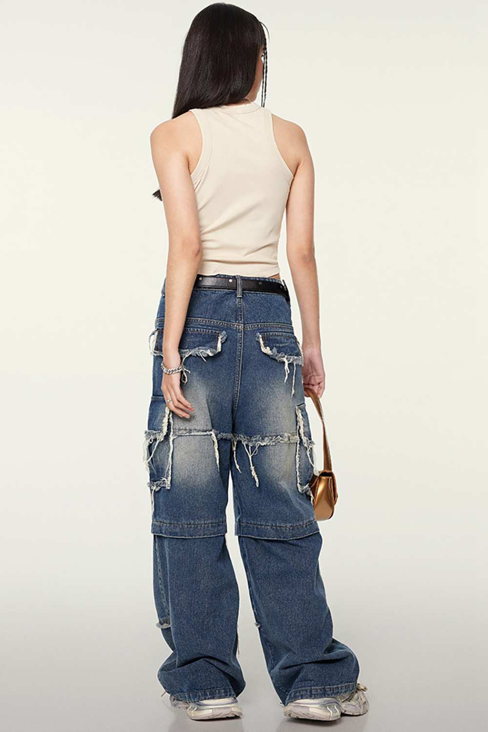 Cotton-Stretch Ruched High-Neck Cropped Tank in Slate Rice - front modeled view