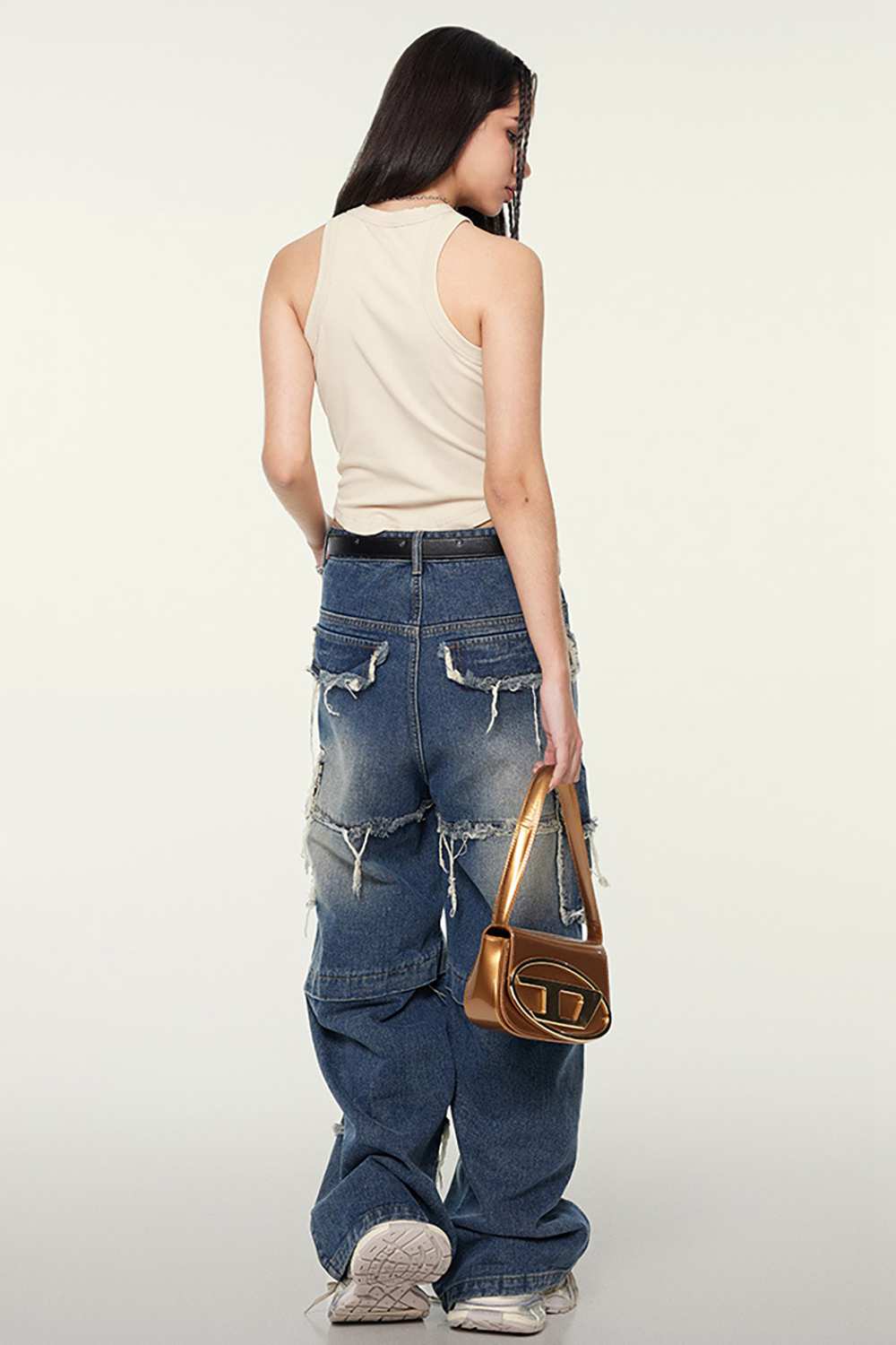 Cotton-Stretch Ruched High-Neck Cropped Tank in Slate Rice - front modeled view