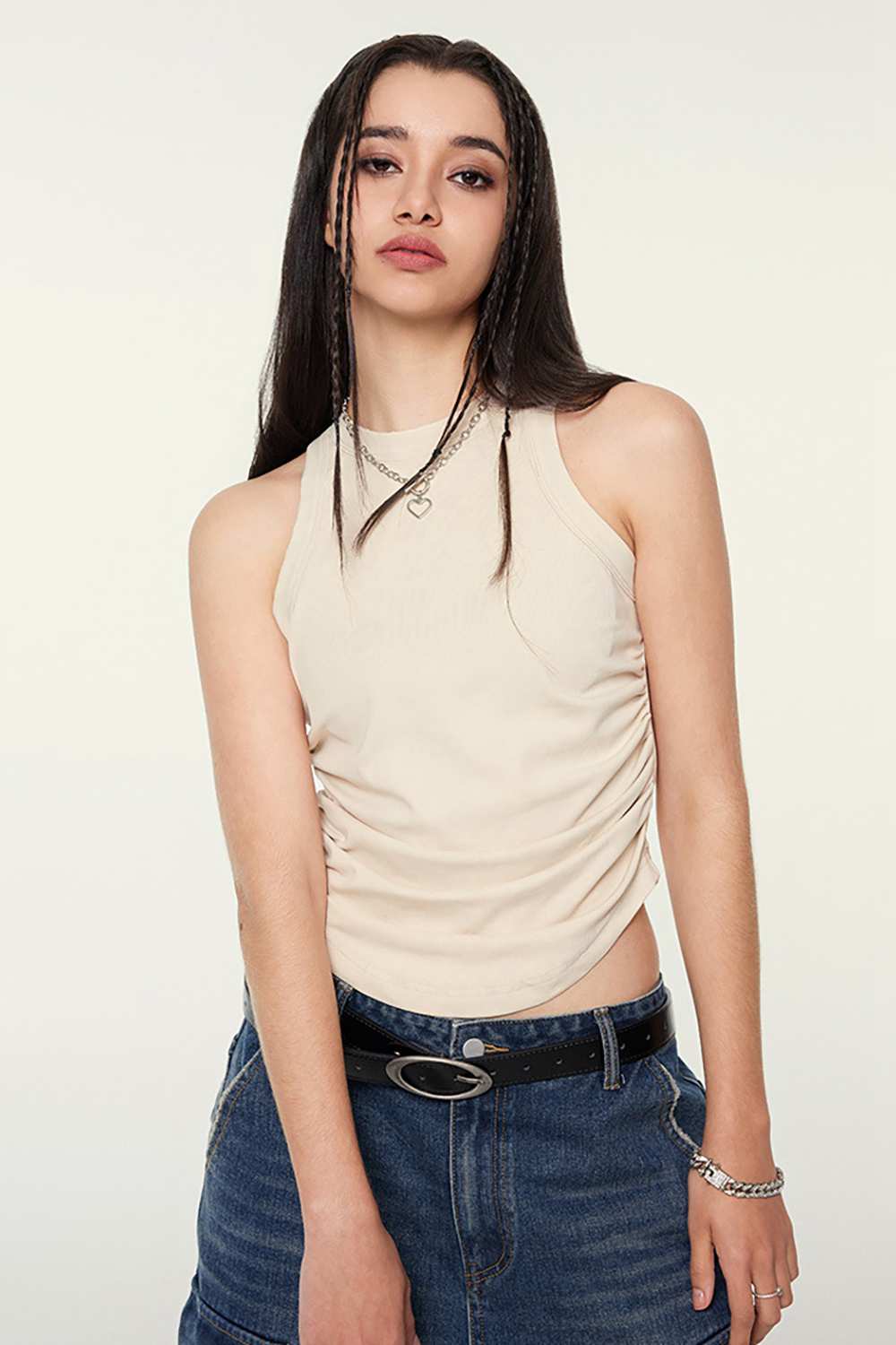 Cotton-Stretch Ruched High-Neck Cropped Tank in Slate Rice - front modeled view