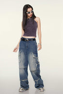 Washed Cotton-Stretch Fitted Cropped Tank Top in Chocolate - full-length front modeled view