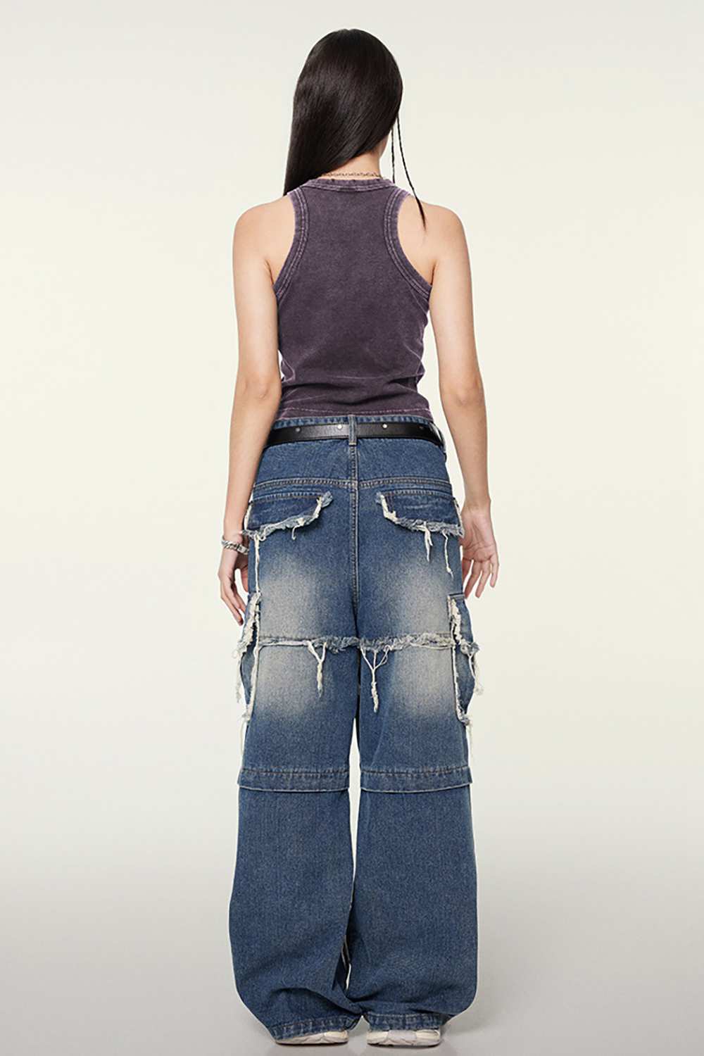 Washed Cotton-Stretch Fitted Cropped Tank Top in Chocolate - full-length back modeled view