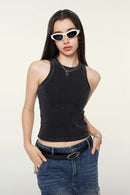 Washed Cotton-Stretch Fitted Cropped Tank Top in Fried Snowflakes - product detail close-up