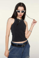 Washed Cotton-Stretch Fitted Cropped Tank Top in Fried Snowflakes - full-length front modeled view