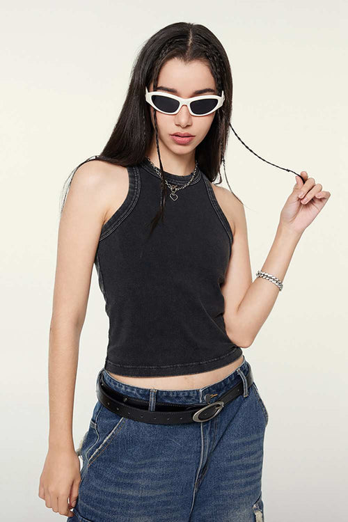 Washed Cotton-Stretch Fitted Cropped Tank Top in Fried Snowflakes - full-length front modeled view