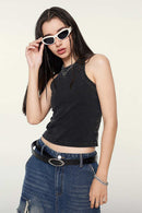 Washed Cotton-Stretch Fitted Cropped Tank Top in Fried Snowflakes - front modeled view