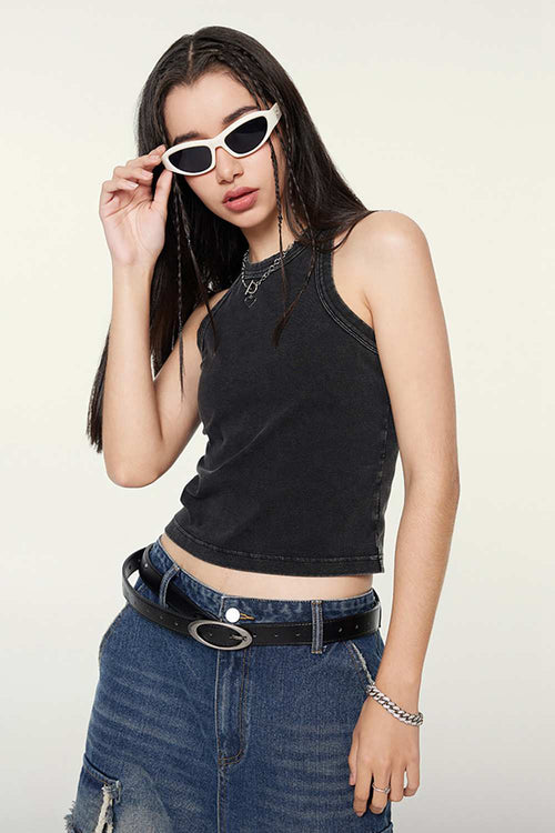 Washed Cotton-Stretch Fitted Cropped Tank Top in Fried Snowflakes - front modeled view