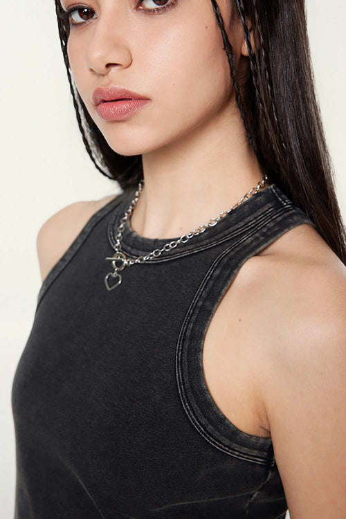 Washed Cotton-Stretch Fitted Cropped Tank Top in Fried Snowflakes - three-quarter front modeled view