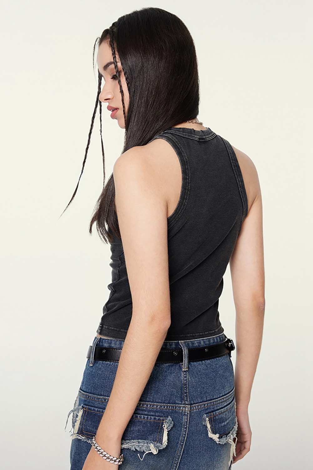 Washed Cotton-Stretch Fitted Cropped Tank Top in Fried Snowflakes - rear three-quarter modeled view