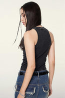 Washed Cotton-Stretch Fitted Cropped Tank Top in Fried Snowflakes - rear three-quarter modeled view