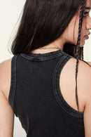 Washed Cotton-Stretch Fitted Cropped Tank Top in Fried Snowflakes - rear three-quarter modeled view