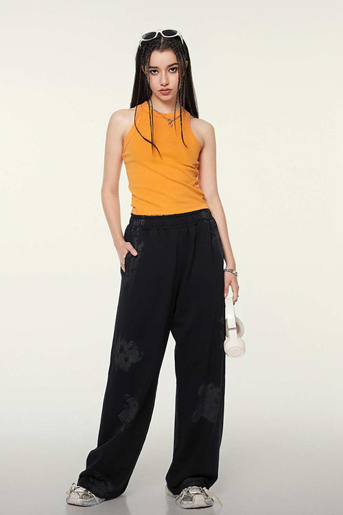 Washed Cotton-Stretch Fitted Cropped Tank Top in Orange - full-length front modeled view