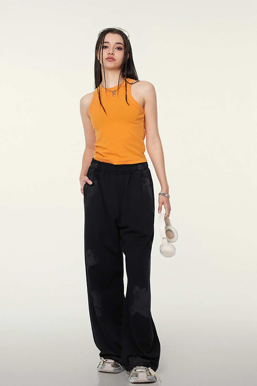 Washed Cotton-Stretch Fitted Cropped Tank Top in Orange - full-length front modeled view