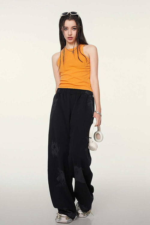 Washed Cotton-Stretch Fitted Cropped Tank Top in Orange - full-length front modeled view